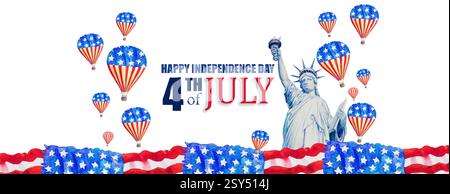 Creative invitation Flyer, Aquarelle peintures illustration de Statue Liberty, drapeau américain de montgolfière pour le 4 juillet. Joyeux jour de l'indépendance Banque D'Images