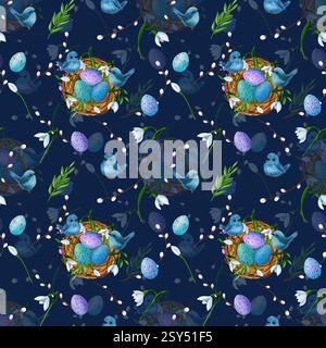 Oeufs colorés dans le nid, oiseaux bleus, gouttes de neige, branches vertes, vignes de saule. Motif sans couture Banque D'Images