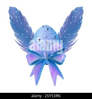 Oeuf bleu coloré avec ailes et beau noeud rose et violet. Illustration numérique aquarelle Banque D'Images