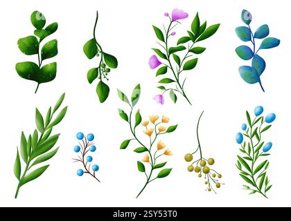 Clipart de baies bleues de printemps et de branches vertes avec des feuilles et des fleurs. Illustration aquarelle Banque D'Images
