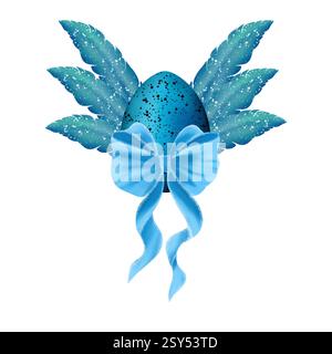 Oeuf bleu coloré avec des ailes et un bel arc bleu. Illustration numérique aquarelle Banque D'Images