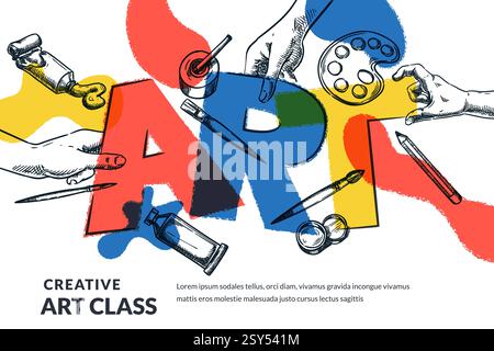 Lettres d'art dans des mains humaines. Concept de classe d'artisanat créatif pour enfants. Illustration d'esquisse dessinée à la main de vecteur de fournitures d'art. Conception d'affiche de bannière colorée te Illustration de Vecteur