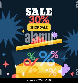 Ouvrez la boîte cadeau avec les symboles de pourcentage multicolores. Bannière de promotion de vente, affiche, coupon de réduction, carte de fidélité, modèle de conception de coupon. Vecteur géométrique Illustration de Vecteur