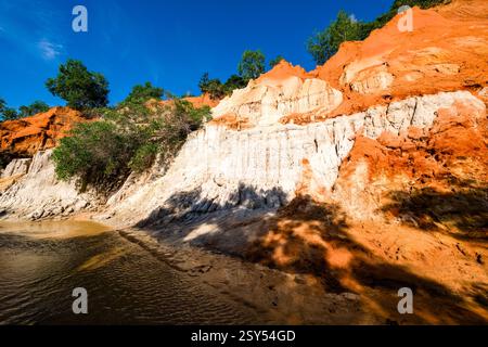 Falaises de couleur orange et blanche avec de petits arbres dans le petit canyon Fairy Stream, Suoi Tien, Suối Tiên près de Mui ne, Mũi né. Banque D'Images