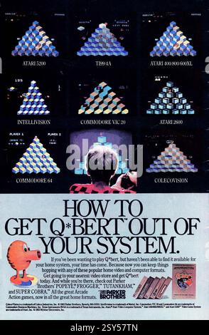 1984 annonce pour le jeu Qbert initialement publié en 1983 par Parker Games. La publicité fait la promotion de versions du jeu pour divers systèmes de jeu à domicile de l'époque, y compris Atari, Intellivision, Commodore et ColecoVision Banque D'Images