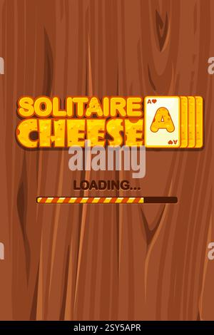 LOGO DE jeu de solitaire dans le thème Cheese pour votre développement de jeu. Écran de jeu Solitaire, fenêtre de chargement. Table ou fond en bois Illustration de Vecteur