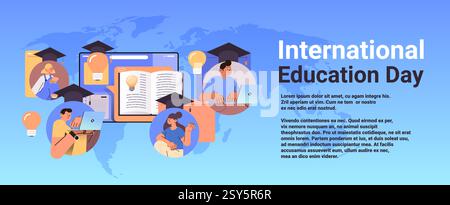 mélanger le groupe d'étudiants de course regardant des cours en ligne gratuits sur l'agneau lumineux de l'ordinateur portable avec le chapeau de graduation de la journée internationale de l'éducation concept e-learning Illustration de Vecteur