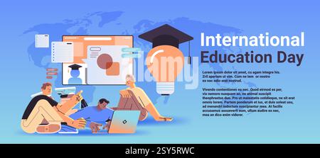 mélanger le groupe d'étudiants de course regardant des cours en ligne gratuits sur l'agneau lumineux de l'ordinateur portable avec le chapeau de graduation de la journée internationale de l'éducation concept e-learning Illustration de Vecteur