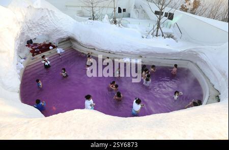 Pékin, province chinoise du Liaoning. 17 janvier 2025. Les visiteurs apprécient une source chaude entourée de glace et de neige dans une station thermale de Shenyang, province du Liaoning au nord-est de la Chine, le 17 janvier 2025. Crédit : Yang Qing/Xinhua/Alamy Live News Banque D'Images