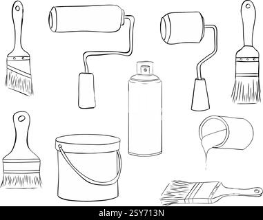 Ensemble de pinceaux de rouleaux de peintre, outils, boîte de couleur et aérographe isolé. Illustration vectorielle d'encre de ligne graphique Illustration de Vecteur