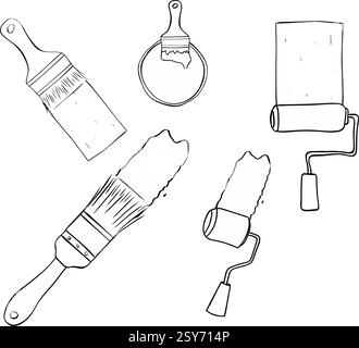 Rouleaux à peindre et pinceaux avec des traits réglés. Composition d'encre de ligne graphique vectorielle isolée sur fond transparent Illustration de Vecteur