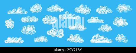 Ensemble de nuages de crayons abstraits. Dessin animé dessiné à la main ciel nuageux. Illustration vectorielle de la collection de tourbillons blancs sur fond bleu. Imitation d'un enfant Illustration de Vecteur