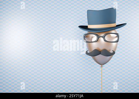 Un personnage fantaisiste avec une moustache, des lunettes et un chapeau haut de gamme, la fête des pères pour une célébration festive. rendu 3d. Banque D'Images