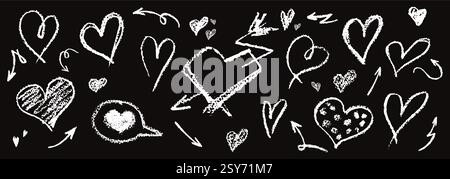 Ensemble de signes de coeurs blancs dessinés par crayon de cire. Symboles d'amour dans le style doodle. Collection d'éléments de coeurs d'enfant dessinés à la main pour la carte de saint-valentin ou la roche Illustration de Vecteur