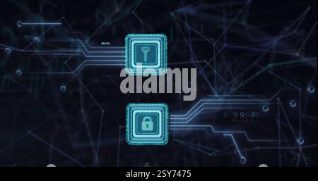 Image des icônes de clé et de cadenas, carte de circuit imprimé et traitement des données sur fond noir Banque D'Images