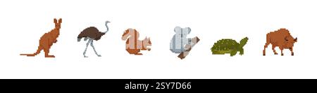 Animaux Pixel art avec motifs d'autruche et d'écureuil koala et de kangourou Illustration de Vecteur