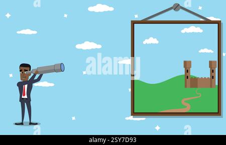 Lieu de travail populaire disant «regardez la vue d'ensemble», un examen de l'ensemble du sujet, homme d'affaires regardant à travers un télescope à une image Illustration de Vecteur