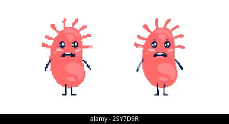 Deux jolies créatures pixel art avec des corps ronds et des expressions stupides dans un style de dessin animé ludique Illustration de Vecteur