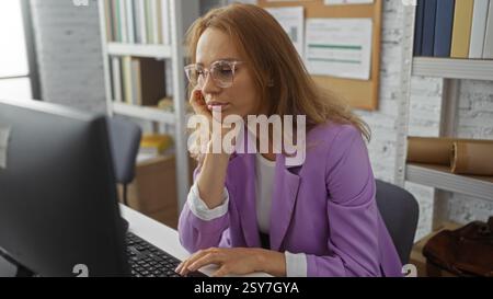 Femme travaillant à l'ordinateur dans le bureau, portant des lunettes et blazer violet, regardant concentré, capturant l'atmosphère moderne du lieu de travail avec des étagères et Banque D'Images