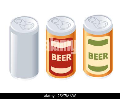 Ensemble de bière isométrique dans des canettes en aluminium. Canettes de bière rouges et vertes avec étiquettes DE BIÈRE. Videz le contenant maquette. Boisson alcoolisée liquide. L'illustration vectorielle est Illustration de Vecteur