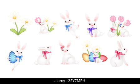Collection de lapins dans le style de Pâques, oeufs peints, fleurs et rubans. Conception d'animaux de dessin animé mignon, réaliste. Illustration vectorielle isolée Illustration de Vecteur