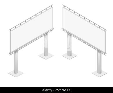 Structures de panneaux d'affichage métalliques avec panneaux d'affichage vides. Cadres publicitaires rectangulaires blancs. Panneaux à double affichage avec poutres horizontales. Marché extérieur Illustration de Vecteur