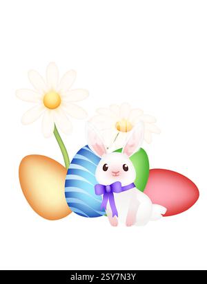 Lapin blanc entouré d'œufs de Pâques colorés et de marguerites en fleurs. Lapin positif drôle avec de longues oreilles. Lapin mignon et ludique. animal de dessin animé 3d. Illustration de Vecteur