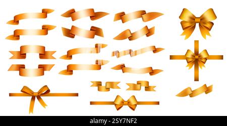 Collection de ruban doré. Noeuds décoratifs. Eléments d'emballage pour cadeaux. Différents styles. Des conceptions fluides. Décorations de célébration. Accents présents. Vecteur i Illustration de Vecteur