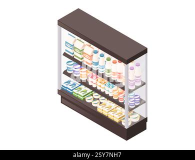 Rayonnage isométrique pour produits laitiers. Présentoir frigorifique à plusieurs étages. Section de lait de supermarché. Ranger l'équipement, le réfrigérateur de détail. Illustration de Vecteur