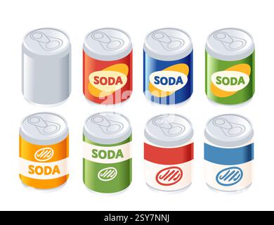 Collection isométrique de canettes de soda avec étiquettes colorées. Récipients de boisson rouge, bleu, vert et jaune. Diverses boissons gazeuses. Carbo aromatisé différent Illustration de Vecteur