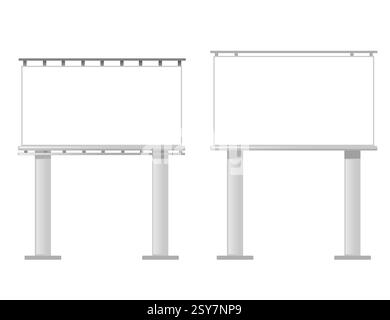 Structures de panneaux d'affichage métalliques avec panneaux d'affichage vides. Cadres publicitaires rectangulaires blancs. Panneaux à double affichage avec poutres horizontales. Marché extérieur Illustration de Vecteur