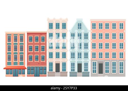 Rangée de bâtiments aux couleurs pastel. Maisons de ville roses, rouges et blanches avec fenêtres bleues. Façades urbaines à plusieurs étages. Architecture de rue historique de la ville. VE Illustration de Vecteur