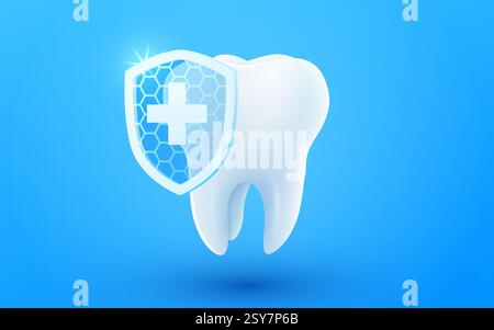 vecteur réaliste 3d dent brillante saine. Bouclier autour de la dent blanche. Soins dentaires, protection et blanchiment. Illustration vectorielle Illustration de Vecteur
