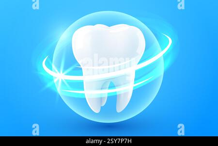 vecteur réaliste 3d dent brillante saine. Tourbillon de lumière autour de la dent blanche. Soins dentaires, protection et blanchiment. Illustration vectorielle Illustration de Vecteur