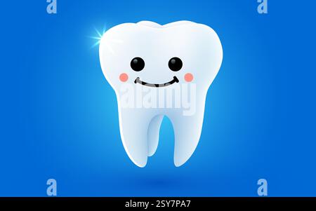Dent avec visage de dessin animé heureux isolé sur fond bleu. Concept de dentisterie. Illustration vectorielle Illustration de Vecteur