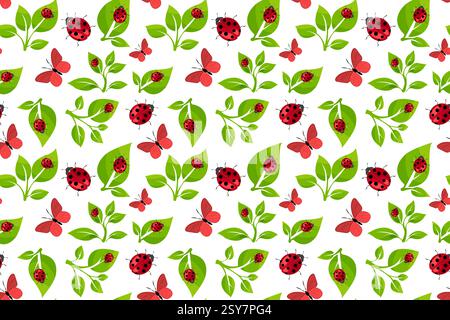 Motif coloré sans couture avec coccinelles et papillons parmi les feuilles vertes adapté à divers projets créatifs Illustration de Vecteur