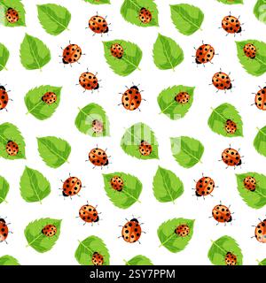 Motif coloré sans couture avec coccinelles et feuilles vertes dans un design ludique pour les arrière-plans et les textiles Illustration de Vecteur