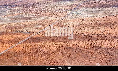 Paysage aérien avec chemin de terre C51 entre les dunes de sable rouge dans le désert du Kalahari, tourné à partir d'un planeur dans une lumière brillante de fin de printemps près de Hoachan Banque D'Images