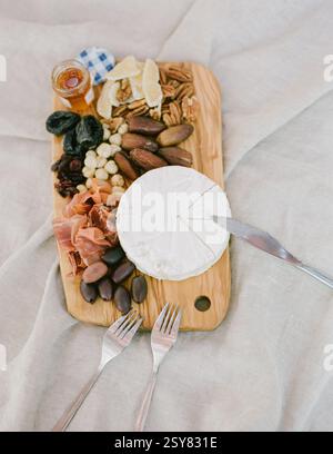 Un superbe plateau de fromage avec du fromage à pâte molle, des viandes, des noix et des fruits secs sur une planche de bois avec des couverts. Banque D'Images