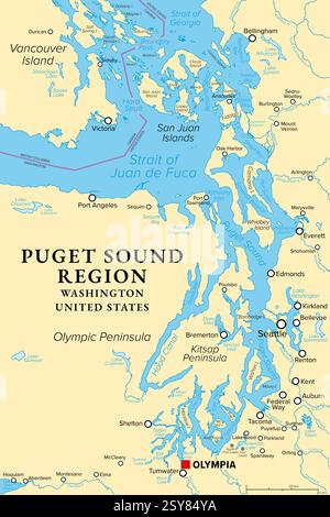 Région de Puget Sound, État américain de Washington, carte politique. Zone côtière de ​​Pacific Nord-Ouest, y compris Puget Sound, ses bassins et ses basses terres. Banque D'Images