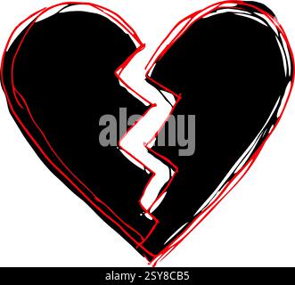 Symbole de coeur brisé stylisé avec des contours noirs et rouges gras sur fond blanc, exprimant le chagrin et la tristesse. Illustration de la Saint-Valentin. Illustration de Vecteur