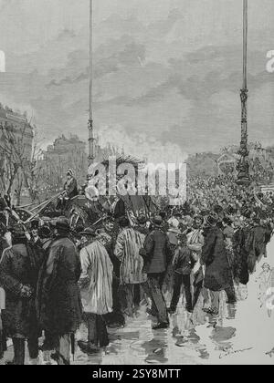Léon Gambetta (1838-1882) Homme d'État français, l'un des fondateurs de la IIIe République. Funérailles de Gambetta à Paris, le 6 janvier 1883. Passage du cortège funèbre sur la place de la République, lors du déménagement des dépouilles mortelles du Palais Bourbon au cimetière du Père Lachaise. Dessin de Pellicer. Gravure par Rico. La Ilustración Española y Americana (illustration espagnole et américaine), 1883. Banque D'Images