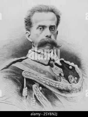 Umberto I (1844-1900) Roi d'Italie (1878-1900). Maison de Savoie. Portrait. Dessin de A. Perea. Gravure par Arturo Carretero. La Ilustración Española y Americana (illustration espagnole et américaine), 1883. Banque D'Images