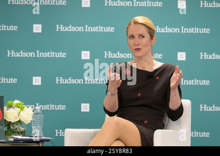 Washington, États-Unis. 27 février 2025. La haute représentante de la Commission européenne pour les affaires étrangères, Kaja Kallas, parle des relations entre les États-Unis et l'Europe lors d'une discussion au bord du feu au Hudson Institute/Think Tank à Washington DC, aux États-Unis. Crédit : SOPA images Limited/Alamy Live News Banque D'Images