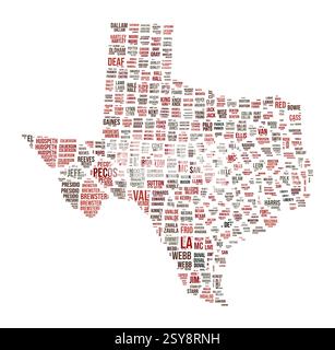 Texas Word Cloud. Forme de l'état avec la division du comté. Image de style typographique Texas. Nuages d'étiquettes de noms de comté. Illustration vectorielle. Illustration de Vecteur