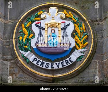 Symbole persévérant sur la croix de Mercat dans la ville d'Édimbourg, en Écosse. Banque D'Images