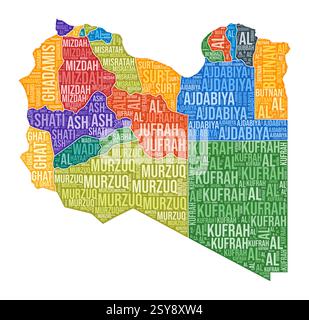 Forme libyenne. Nuage de mots de pays avec division de région. Libye illustration colorée. Nuage de noms de région. Illustration vectorielle. Illustration de Vecteur