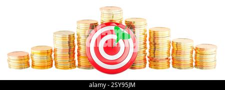 Cible avec flèche dans des piles de pièces de monnaie Bullseye et dorées, rendu 3D isolé sur fond blanc Banque D'Images