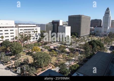 Vue sur Grand Park, Los Angeles County Hall of Administration, Hall of Records et Los Angeles City Hall dans le centre-ville DE Los Angeles. Banque D'Images