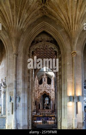 Vue intérieure de la cathédrale de Peterborough, montrant des arches, des colonnes et un plafond orné, créant un sentiment de grandeur et de vénération Banque D'Images